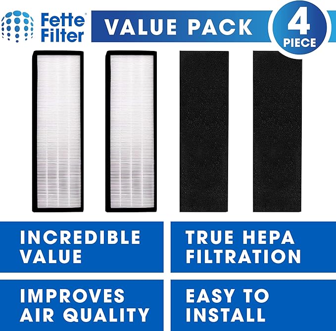 Fette Filter - 2 Pack Premium T500 True HEPA Filter Replacements Compatible with Air Purifier Filter T500 tower. Compare to Part # TF60-MP & TF60-MP (Includes 2 Hepa & 2 Carbon Filters)