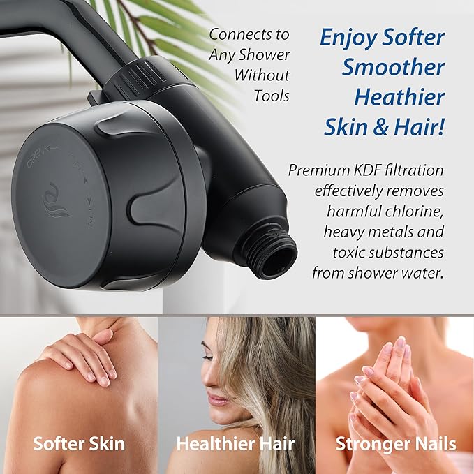 AquaCare Skin & Hair - World's Most Advanced Shower Filter for Fixed or Handheld Shower Heads with ON/OFF Filtration Modes, Instant Cartridge Reload & Stay-Clean Enriched KDF Cartridge/Matte Black