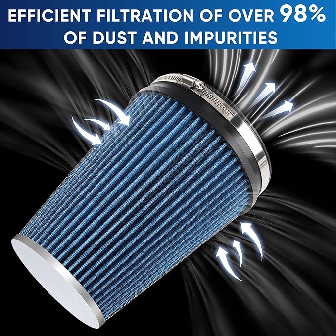 6" 152mm Cold Air Intake Filter Clamp-On Replacement High Flow Inlet Air Filter High Performance Washable Cone Filter 9" Tall Blue