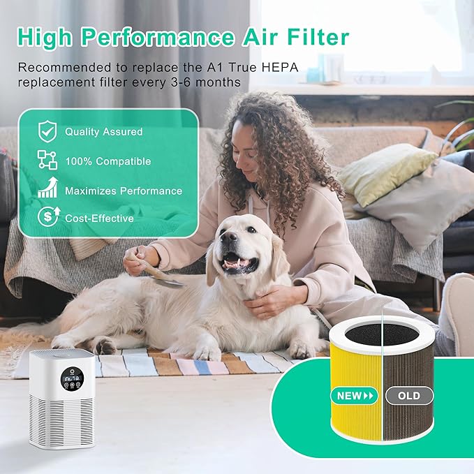 A1 Replacement Filter Compatible with VEWIOR Air Purifier A1, HQSC-50, HQKJ-80, AMEIFU AP01W, KOIOS HQKJ-50, Tailulu PUR0003/HQZZ-60, 3-in-1 H13 True HEPA Air Cleaner Filter for Pet Hair Smell 2 Pack