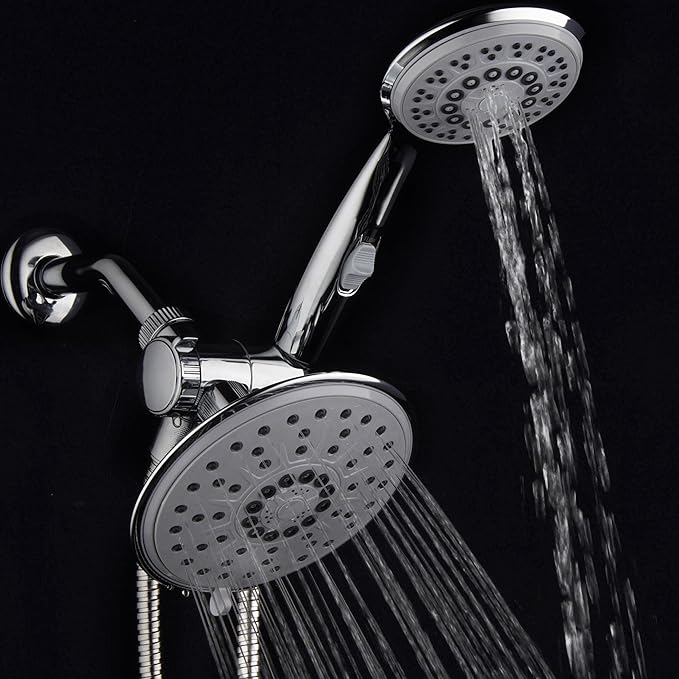 30-Setting 6 Inch Rain Shower Head with Handheld Shower Combo featuring Patented ON/OFF Pause Switch by Hydroluxe - Use Each Showerhead Separately or Both Together! Premium Chrome Finish