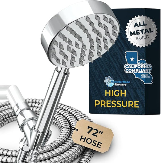 HammerHead Showers® Solid Metal LOW FLOW Handheld Shower Head with Hose and Brass Holder - CHROME – Water Saving 1.75 GPM Detachable Shower Head - Adjustable Shower Wand Bracket & 6ft Hose