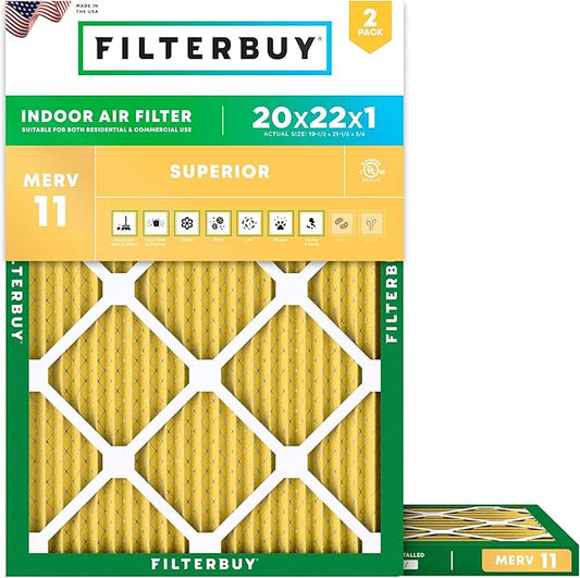 Filterbuy 20x22x1 Air Filter MERV 11 (MPR 1200) Allergen Defense Replacement (2-Pack), Electrostatic Pleated HVAC AC Furnace Filters, Made in USA (Actual Size: 19.50 x 21.50 x 0.75)