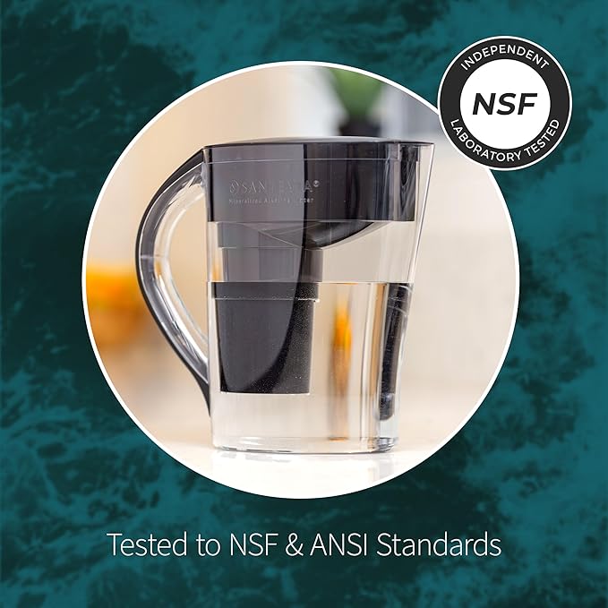 Santevia MINA Alkaline Water Filter Pitcher & Single Replacment Filter | Chlorine and Lead Filter | Water Purifier Pitcher | Home Water Filtration Pitcher | 9-Cup at Home Water Filter | Made in Canada