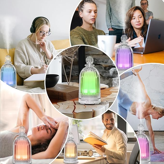 Glass Essential Oil Diffuser, Aroma Diffusers with Glass Cover & Plastic Reservoir Small Humidifiers with 7 Color LED Lights Auto-Off for Home Office Bedroom Yoga 120ml(White Bottom)