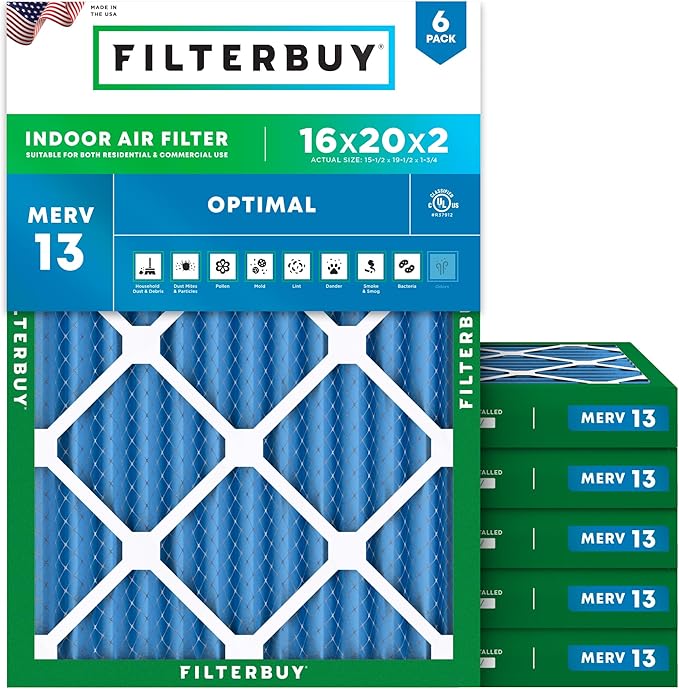 Filterbuy 16x20x2 Air Filter MERV 13 (MPR 1900) Health Defense Replacement (6-Pack), Electrostatic Pleated HVAC AC Furnace Filters, Made in USA (Actual Size: 15.50 x 19.50 x 1.75)