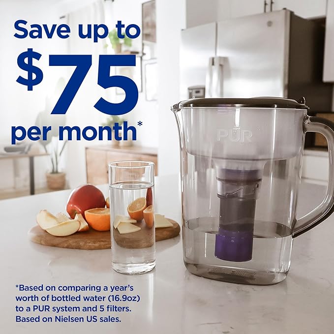 PUR Plus 7-Cup Water Pitcher, 1 Lead-Reducing Filter, Cleaner, Great-tasting Water, Dishwasher Safe, Powerful Filtration, Filter Change Light Indicator, LockFit Cap Design - Smoke