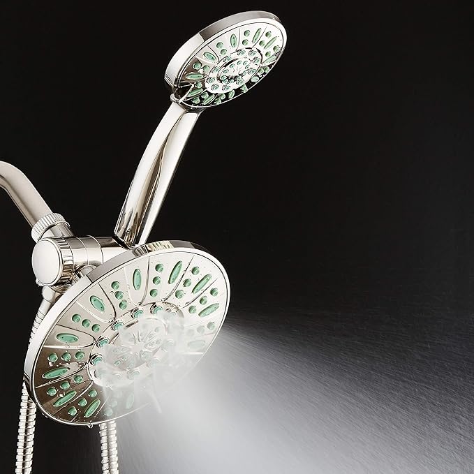 AquaDance Antimicrobial/Anti-Clog High-Pressure 30-setting Rainfall Shower Combo, Microban Nozzle Protection from Growth of Mold, Mildew & Bacteria, Brushed Nickel Finish/Coral Green Jets