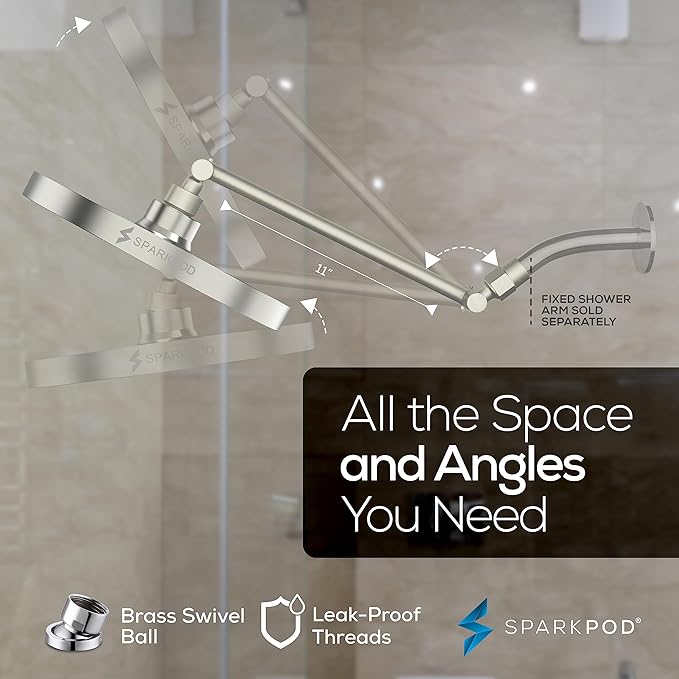 SparkPod Round Rain Shower Head with Shower Head Extension Arm - High Pressure Rain - Luxury Modern Look - No Hassle Tool-less 1-Min Installation (11" Shower Arm Extension, Elegant Brushed Nickel)