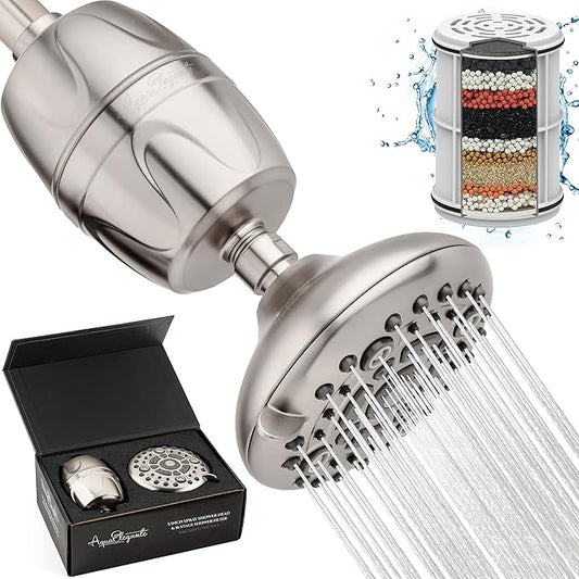 Aqua Elegante High Pressure Shower Head & Filter - Adjustable Water Saving Showerhead With Best Bath Filters To Remove Chlorine + Hard Minerals, 1.8 GPM - Brushed Nickel & California Certified