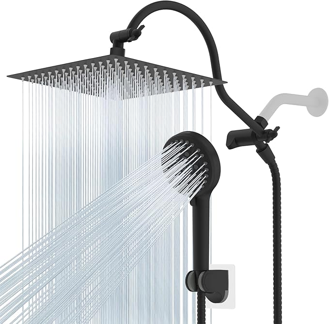 Hibbent 12'' All Metal Shower Head, High Pressure Rainfall Shower Head/Handheld Showerhead Combo/ 12'' Adjustable Curved Shower Extension Arm, 10-Spray, 71'' Hose, Showerhead Holder, Matte Black