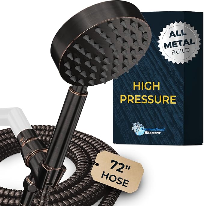 HammerHead Showers® Solid Metal Handheld Shower Head with Hose and Brass Holder - OIL RUBBED BRONZE - 2.5 GPM High Pressure Shower Heads with Adjustable Shower Wand Bracket - 6ft Flexible Extension
