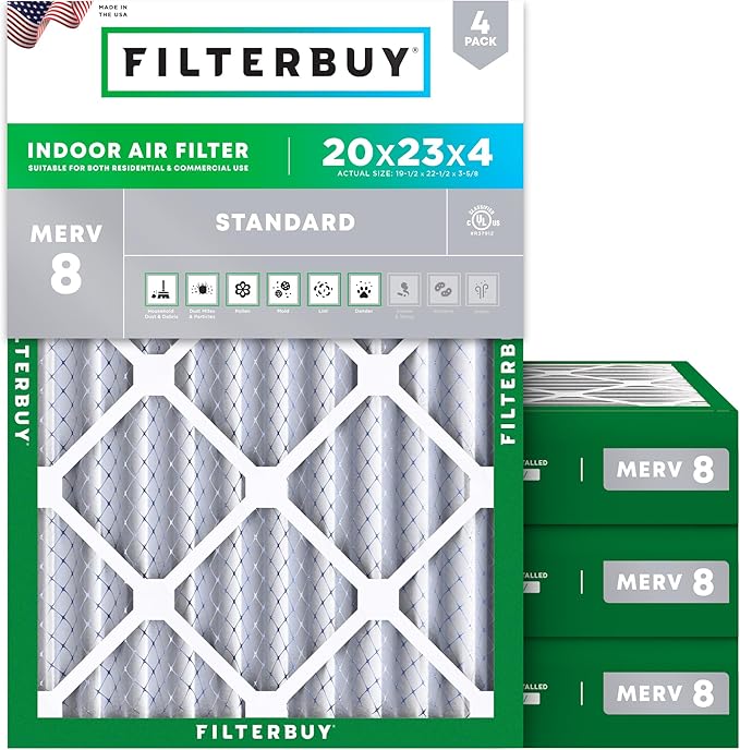 Filterbuy 20x23x4 Air Filter MERV 8 (MPR 700) Dust Defense Replacement (4-Pack), Electrostatic Pleated HVAC AC Furnace Filters, Made in USA (Actual Size: 19.50 x 22.50 x 3.63)