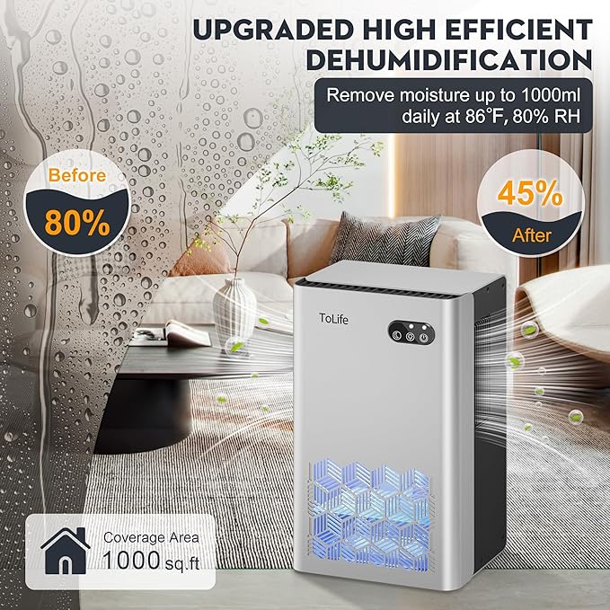 ToLife Dehumidifier for Home, 1000 sq.ft Dehumidifiers for Basement Bedroom Bathroom with 95 OZ Water Tank, Auto Shut Off 7 Colors LED Light, Silver