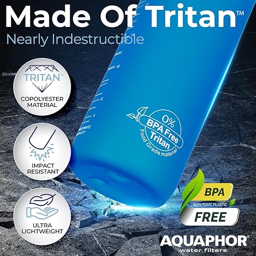 Nakii Filtered Water Bottle, Leakproof, BPA-Free, Motivational Markings, Travel, Everyday Use. 40-Gallon Filter, Replaces 300 Plastic Water Bottles. Includes 1 Filter, 22 FL Oz, Blue by Aquaphor