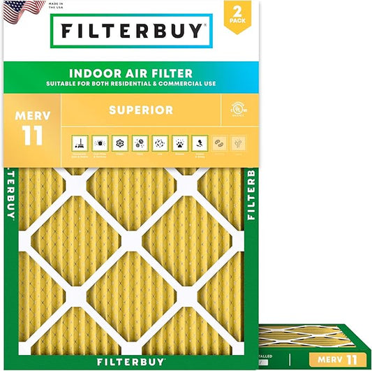 Filterbuy 15x20x1 Air Filter MERV 11 (MPR 1200) Allergen Defense Replacement (2-Pack), Electrostatic Pleated HVAC AC Furnace Filters, Made in USA (Actual Size: 14.50 x 19.50 x 0.75)