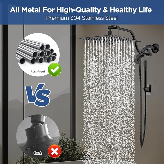 HOPOPRO 10” All Metal Rainfall Shower Head Combo with Handheld Spray, High Pressure Showerhead Combination, Adjustable Dual Showerheads with Extension Arm, Full-Body Coverage Shower Experience, Black