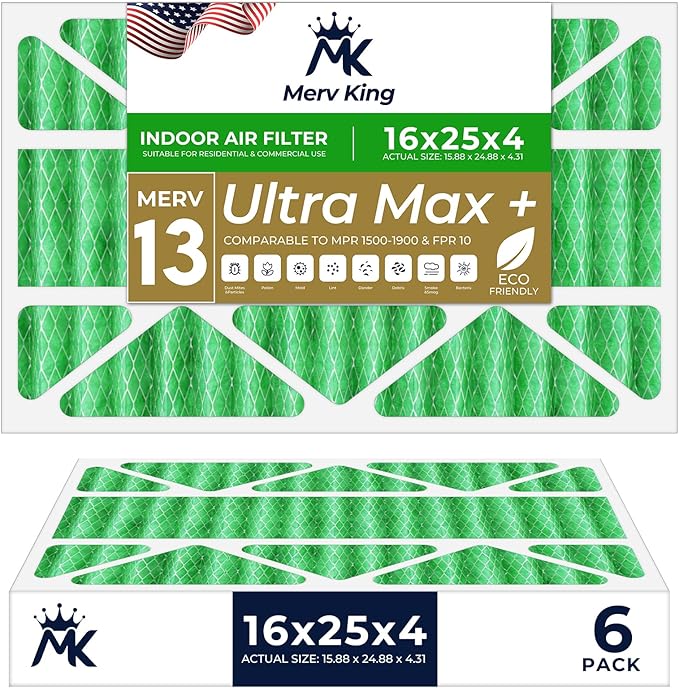 MervKing 16x25x4 Air Filter Actual Size: 15.88" x 24.88" x 4.31" MERV 13 MPR 1500-1900 | MADE IN USA | 6-Pack | Pleated HVAC AC Furnace Replacement
