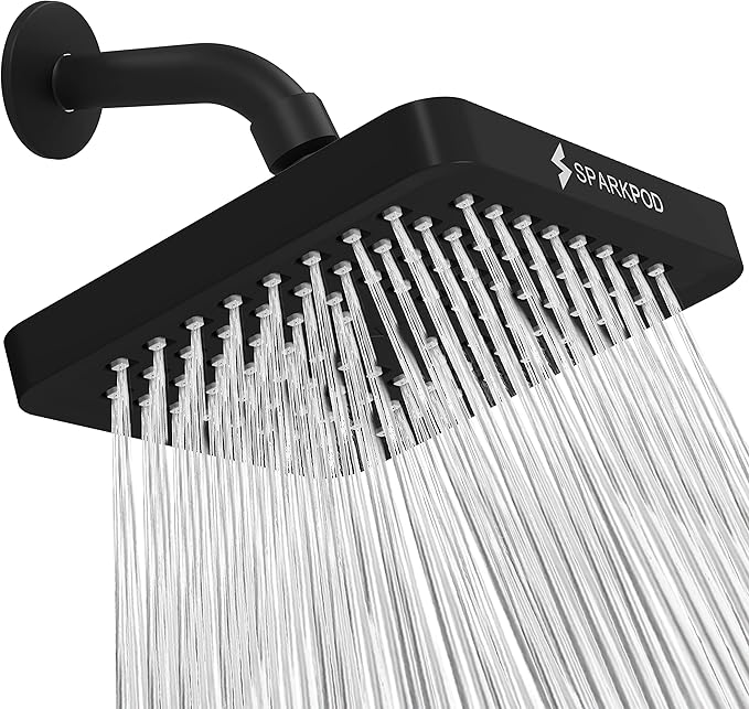SparkPod Shower Head - High Pressure Rain - Premium Quality Luxury Design - 1-Min Install - Easy Clean Adjustable Replacement for Your Bathroom Shower Heads (Midnight Black Matte, 6 Inch Square)