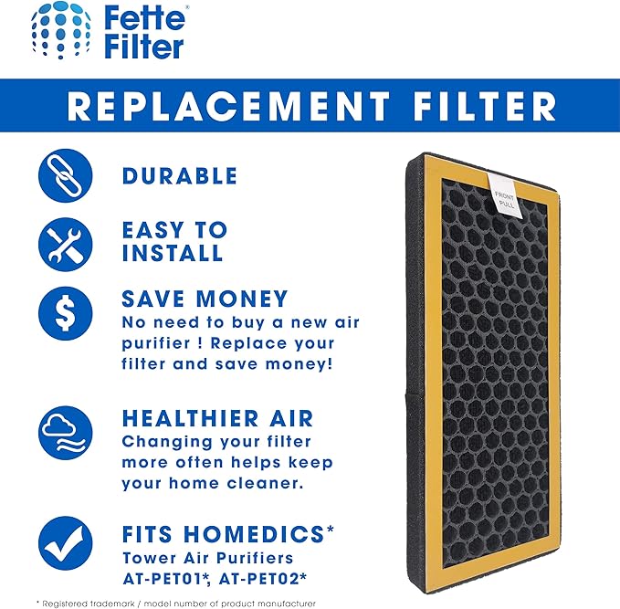 Fette Filter - Air Purifier Activated Carbon Filter Compatible with HoMedics TotalClean PetPlus. Compare to Part # AT-PET01, AT-PET02, AT-PETODR - Pack of 4