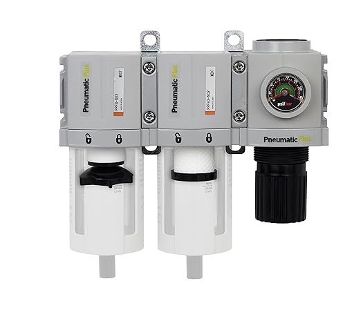 PneumaticPlus PPC3C-N02G Compressed Air Drying System- Particulate Air Filter, Coalescing Filter & Air Pressure Regulator Combo 1/4" NPT (High Flow), Poly Bowl with Guard, Manual Drain