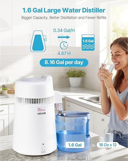 VEVOR Water Distiller, 6L 1.6 Gallon Larger Pure Water Purifier Filter for Home Table Countertop, 900W Plastic Distilled Maker, Stainless Steel Interior Drinking Machine to Make Clean Waters, White