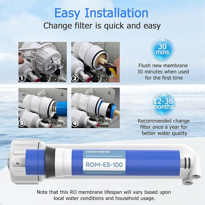 100 GPD RO Membrane Filter with Housing, Replacement Reverse Osmosis Membrane Fit Home Under Sink RO Drinking Water Filter Purifier Filtration System with Wrench, 1/4" Fitting, Check Valve