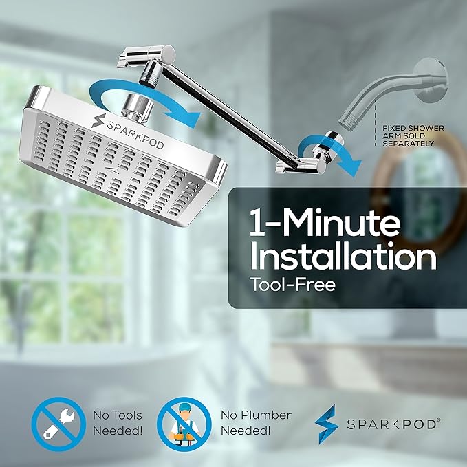 SparkPod Square Rain Shower Head with Extension Arm - Height Adjustable Shower Head with High Pressure Performance - Easy 1-Minute Installation (11" Arm Extension, Luxury Polished Chrome)