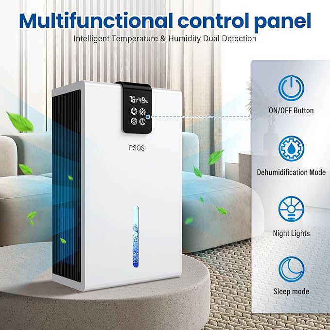 Dehumidifier, Dehumidifiers for Home, 98 OZ Water Tank, (1000 sq.ft) Quiet Dehumidifier for Basement Bedroom Bathroom with Humidity Display, Auto Shut Off, Relaxing 7 Color Ambient Light(White)