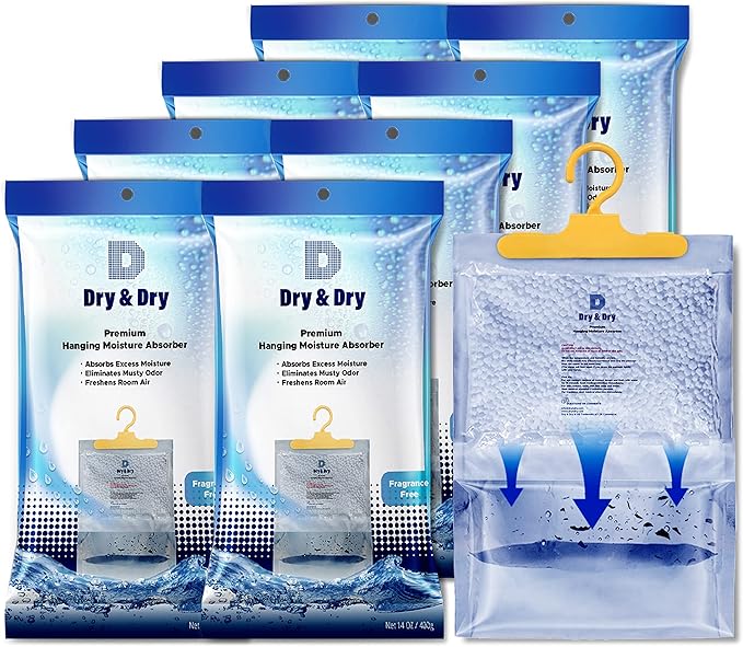 Dry & Dry Premium Moisture Absorbers Dehumidifiers for Home, Basement, Bedroom, Small Dehumidifiers - Blue & White (8 Pack) 14 ounce