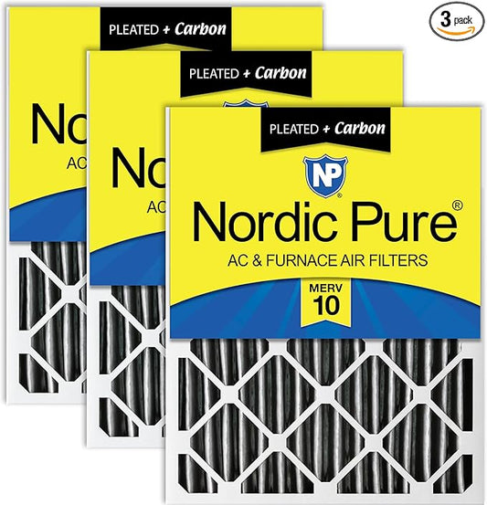 Nordic Pure 14x25x2 (13 1/2 x 24 1/2 x 1 3/4) Furnace Air Filters MERV 10 Pleated Plus Carbon 3 Pack