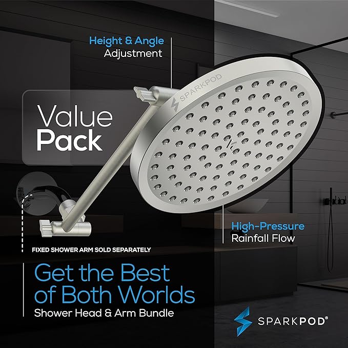 SparkPod Round Rain Shower Head with Shower Head Extension Arm - High Pressure Rain - Luxury Modern Look - No Hassle Tool-less 1-Min Installation (11" Shower Arm Extension, Elegant Brushed Nickel)