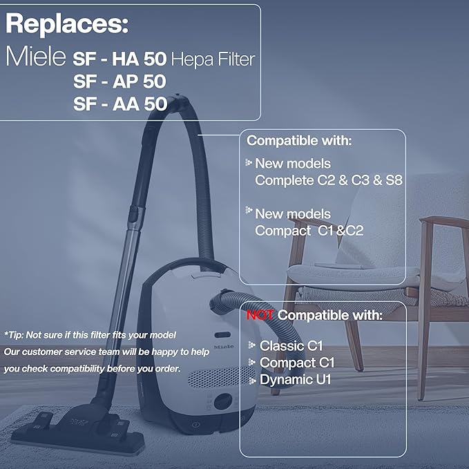 3 Filter for Miele Vacuum Cleaner [Compact C1 & C2, Complete C2 & C3, S8340, S4000–S8999] [Replaces SF-HA 50] – 3x HEPA & 3x Motor Filter – Not Compatible with Classic C1 or Complete C1 Series