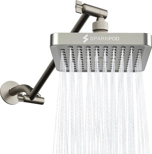 SparkPod Square Rain Shower Head with Extension Arm - Height Adjustable Shower Head with High Pressure Performance - Easy 1-Minute Installation (11" Arm Extension, Elegant Brushed Nickel)