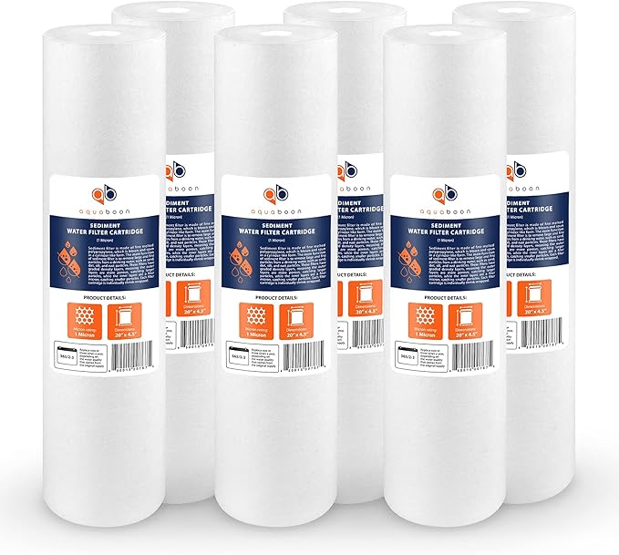 Aquaboon 1 Micron 20" Sediment Water Filter Replacement Cartridge | Whole House Sediment Filtration | Compatible with AP810-2, SDC-45-2005, FPMB5-20, P5-20, FP25B, 155358-43, 6 Pack