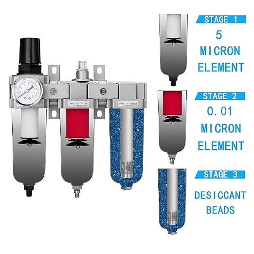 NANPU 1/2" NPT Industrial Grade 3 Stage Air Drying System - Particulate Filter, Coalescing Filter, Desiccant Dryer & Air Regulator, Metal Bowl, Auto Drain, Suitable for Paint Spray＆ Plasma Cutter