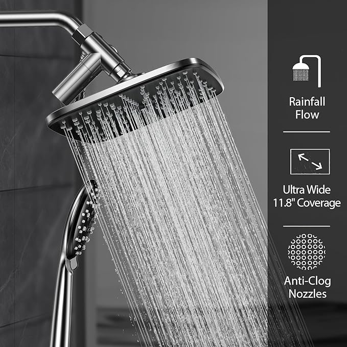 Veken 11.8 Inch High Pressure Rain Shower Head -Shower Heads with 5 Modes Handheld Spray Combo- Wide RainFall shower with 70" Hose & Bracket- Adjustable Dual Showerhead with Anti-Clog Nozzles - Chrome