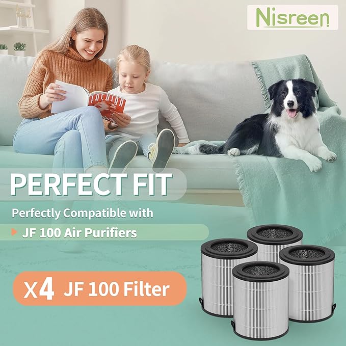 JF 100 Replacement Filter Compatible with Jafanda Air Puri-fier Filter JF100, 3-Stage Filtration with High-Efficiency Activate Carbon, Compare to Part# JF100-RF, 4-Pack