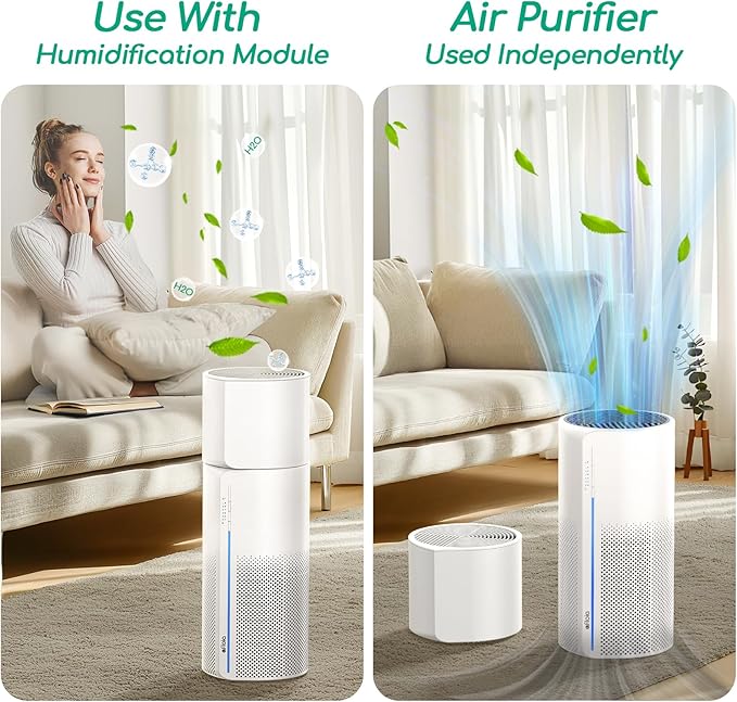 Afloia 2-in-1 Air Purifier & Humidifier Combo, Advanced 3-Stage Filtration, Whisper-Quiet Operation, Auto Shut-Off, 7-Color LED Light, Ideal for Pet Allergies & Smoke (White)
