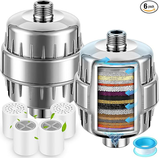 2 Pcs Shower Filter with 4 Pack 20 Stage Shower Filter Replacement, Heavy Duty Water Softener to Remove Chlorine, Fluoride, Heavy Metals, Iron, Improve Your Skin and Hair