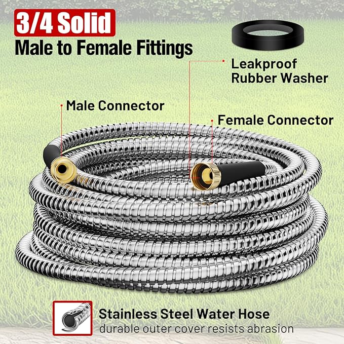 Garden Hose 25 ft, Stainless Steel Metal Water Hose 25 Feet with Nozzle, Flexible, Rust Proof, No-Kink, Heavy Duty, Leakproof 3/4 in Fittings, Lightweight Metal Hose, BT25S Model