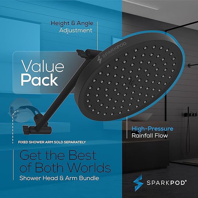 SparkPod Round Rain Shower Head with Shower Head Extension Arm - High Pressure Rain - Luxury Modern Look - No Hassle Tool-less 1-Min Installation (11" Shower Arm Extension, Midnight Black Matte)
