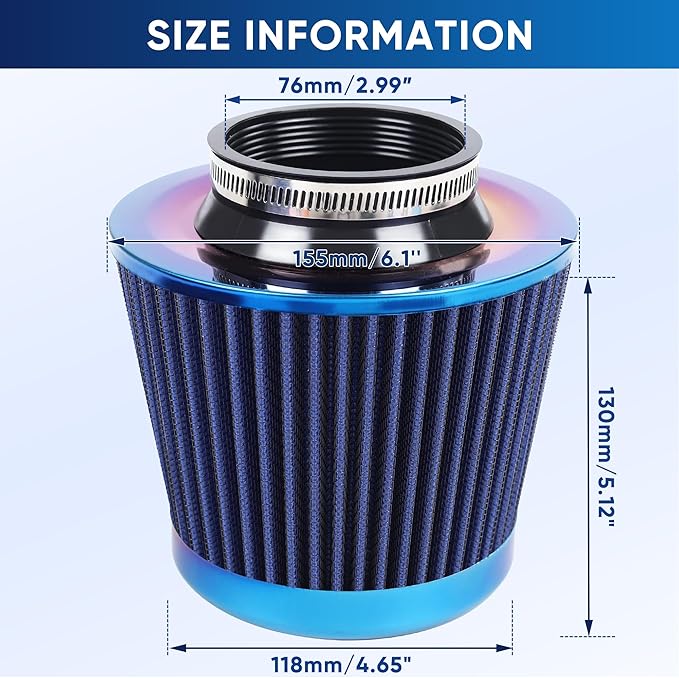 Universal Cold Air Intake Filter Clamp-On Replacement Air Filter Flange Diameter 3 inches/76mm High Performance Washable Filter Blue