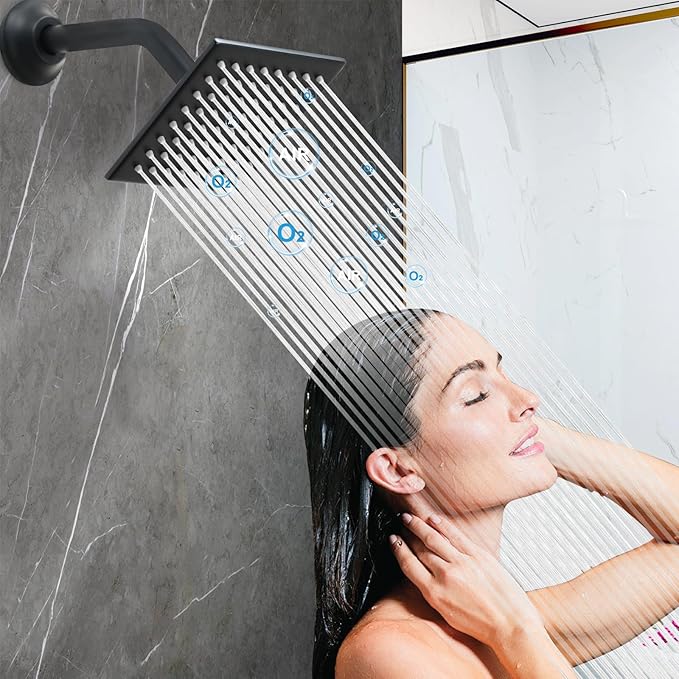 6 Inch Square Shower Head Black Stainless Steel High Pressure Rain Shower Heads with Extension Arm Adjustable Angle Replacement Shower Head for Modern Bathroom (Square, Black)