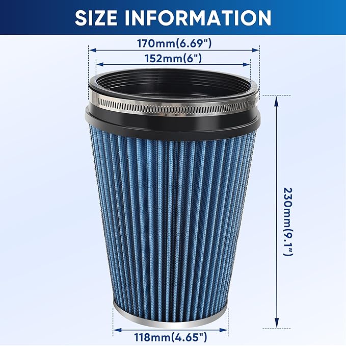 6" 152mm Cold Air Intake Filter Clamp-On Replacement High Flow Inlet Air Filter High Performance Washable Cone Filter 9" Tall Blue