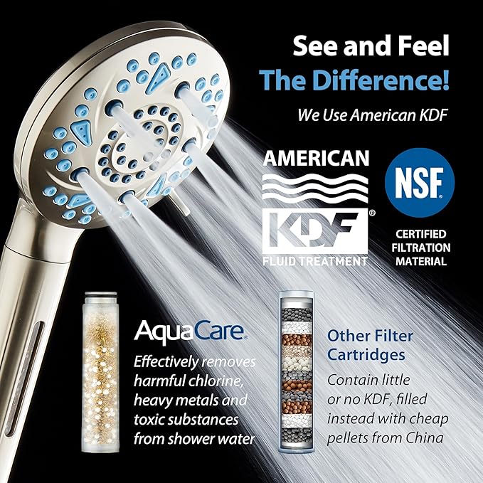 AquaCare High Pressure 6-way Dual Shower Head Combo with Built-in Filter & Power Wash - Clean Tub, Tile & Pets. Remove Chlorine, Lead & Toxins from Water to Protect Skin, Hair, & Nails. Nickel Finish