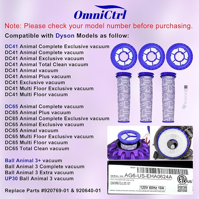 Filter Kit Compatible with Dyson UP13, Ball Animal 3, DC65, DC41, DC66, UP20, and Ball Animal 2 Vacuums – 3 Post Filters & 3 Pre Filters Replaces Parts #920769-01 & 920640-01