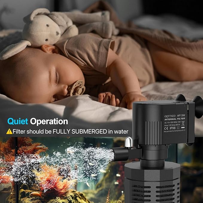 Aquarium Internal Filter for 20-50 Gallons, Ultra-Quiet Fish Tank Filter Biochemical Filtration 320GPH Powerful Pump Submersible Aquarium Filter Tank Clear Air Supply (13W Filter)