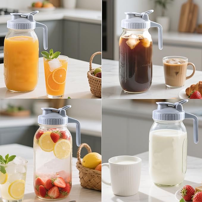 Glass Mason Jar Pitcher With Lid 64 Oz Wide Mouth Sun Tea Jar Half Gallon Cold Hot Water Pitcher 2 Quart Brew Coffee Jug Carafe For Fridge,Lemonade, Beverage,Milk,Juice Container 2 Set