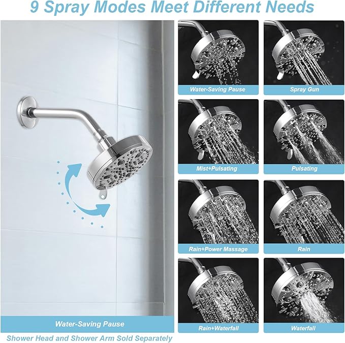 OFFO Shower Head, High Pressure Shower Head with Pause Mode, 9 Mode Fixed Showerheads for Strong Water Flow & Relaxing Shower Experience, Chrome